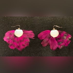 Baublebar earrings, gold with magenta feathers. EUC